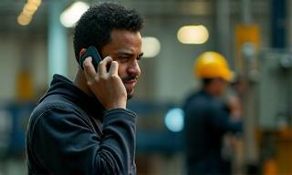 Person making a phone call in an industrial setting.