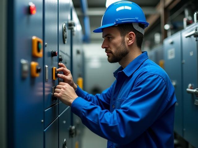 Support engineer inspecting industrial boiler controls.