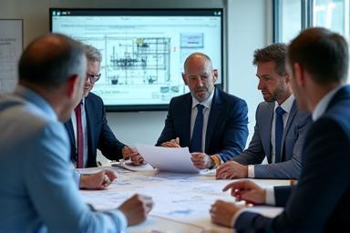 Engineers discussing energy efficiency blueprints.