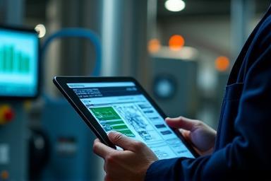 Engineer monitoring boiler performance remotely on a tablet.