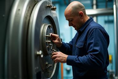 Technician performing routine maintenance on industrial boiler.
